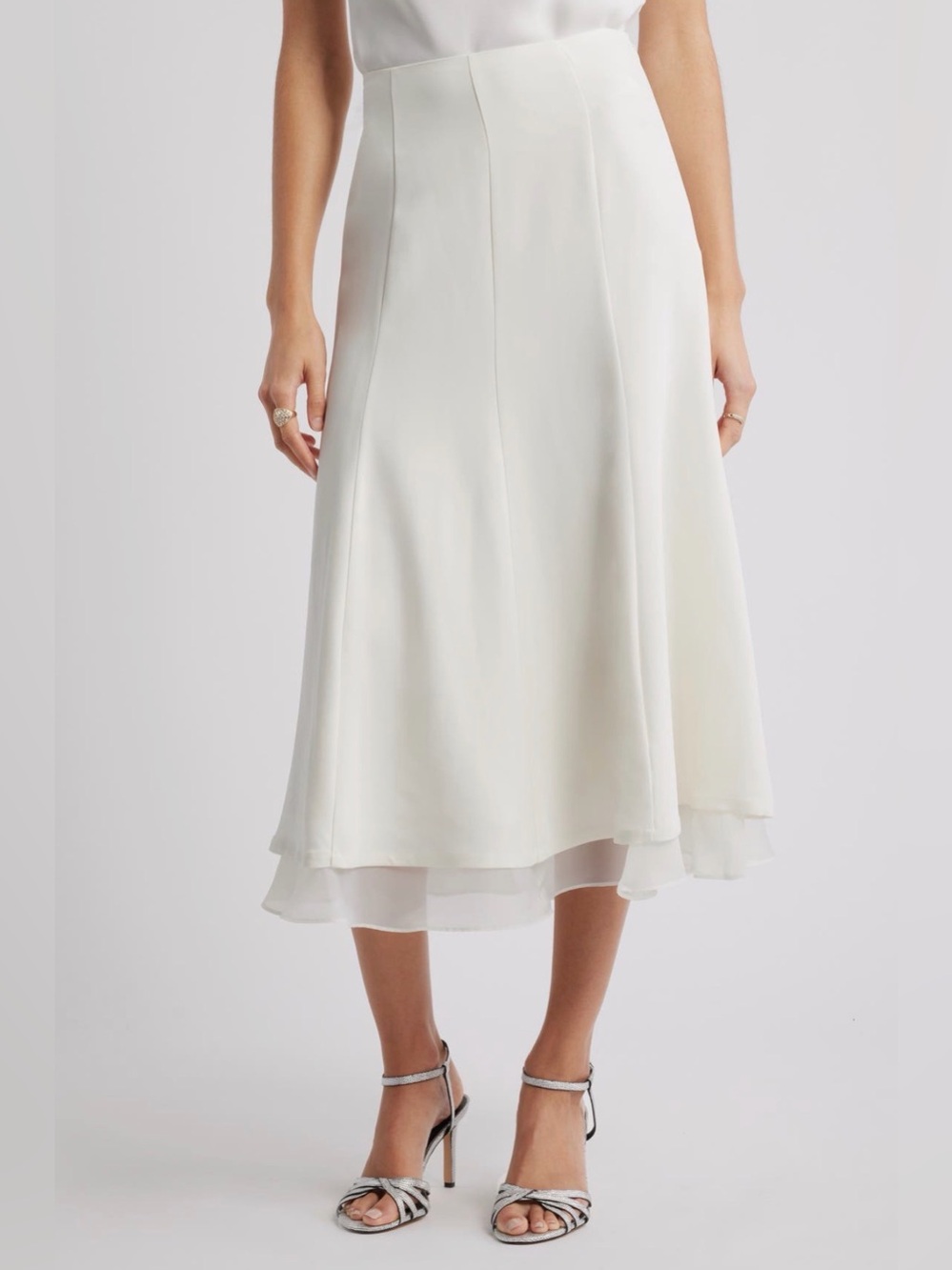 NWT Nordstrom Seamed Layered‎ Midi Skirt Ivory Cream Chiffon Trim